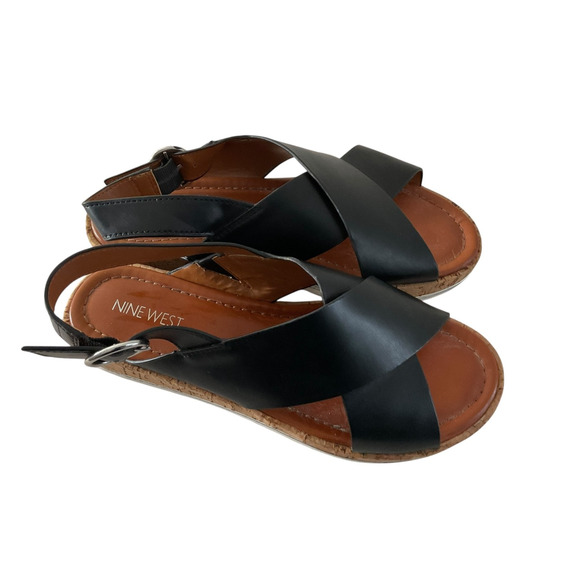 Nine West Shoes Womens Size 7.5 Black Cork Sandal Comfort Slip On Flat Leather - Picture 3 of 8